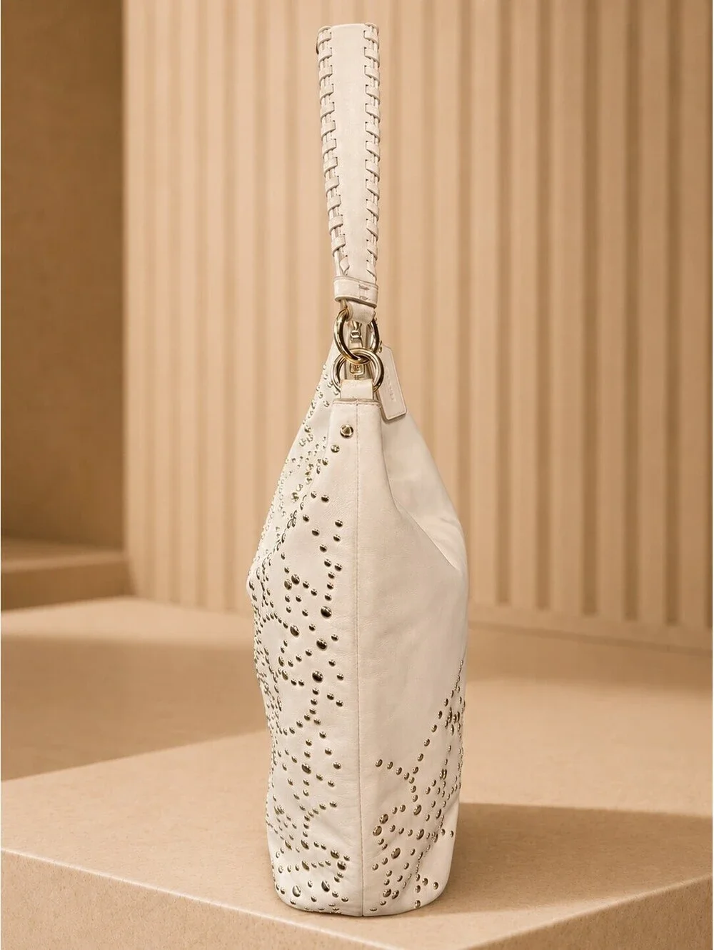 Coach Studded Leather Hobo Bag White Medium Shoulder Purse